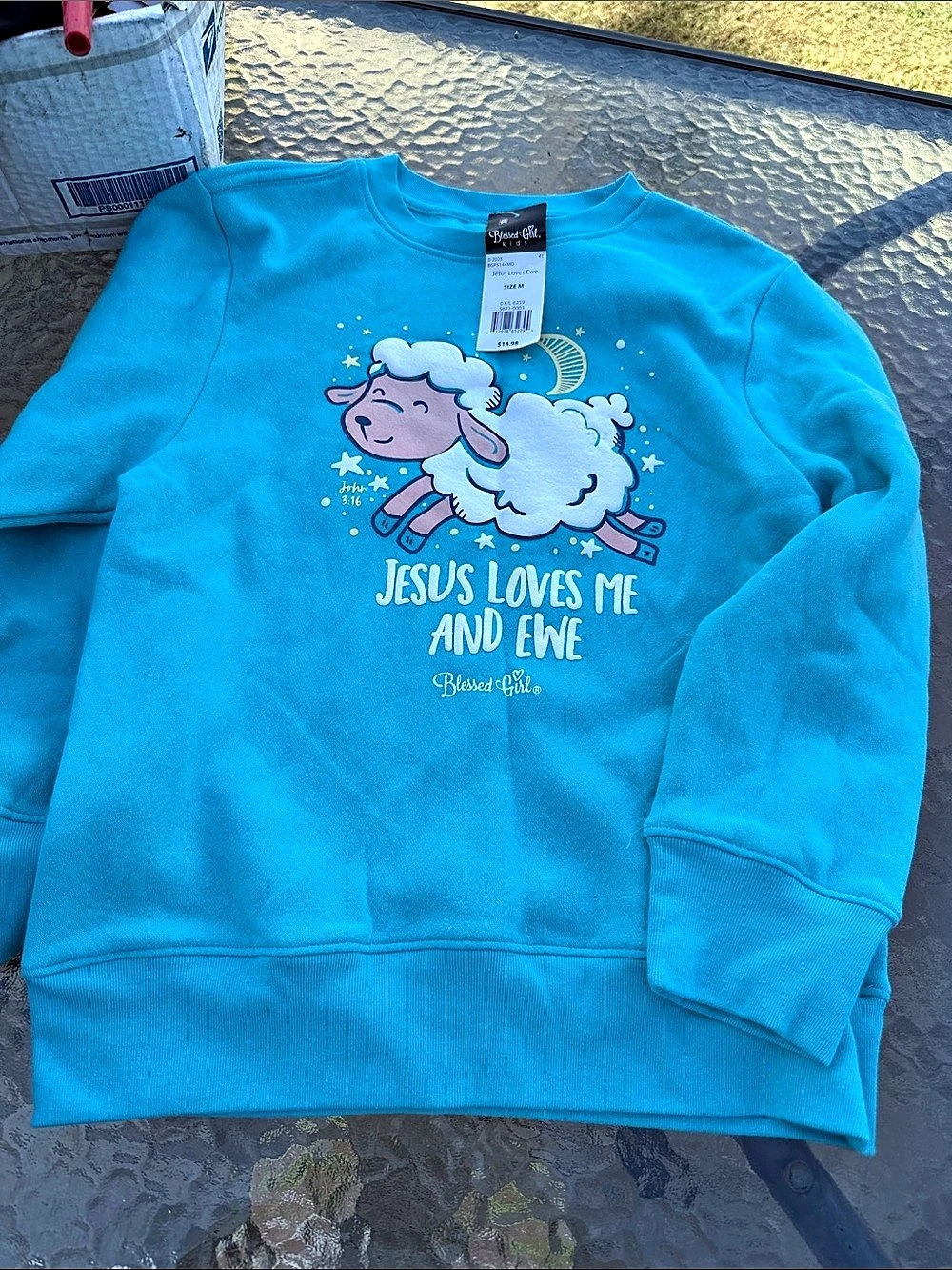 Blessed Girl Jesus Loves Me and Ewe Sweatshirt Blue & White Girls medium